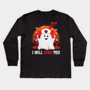 Funny ghost boo boo boo I will stab you tshirt funny halloween gift t-shirt Kids Long Sleeve T-Shirt